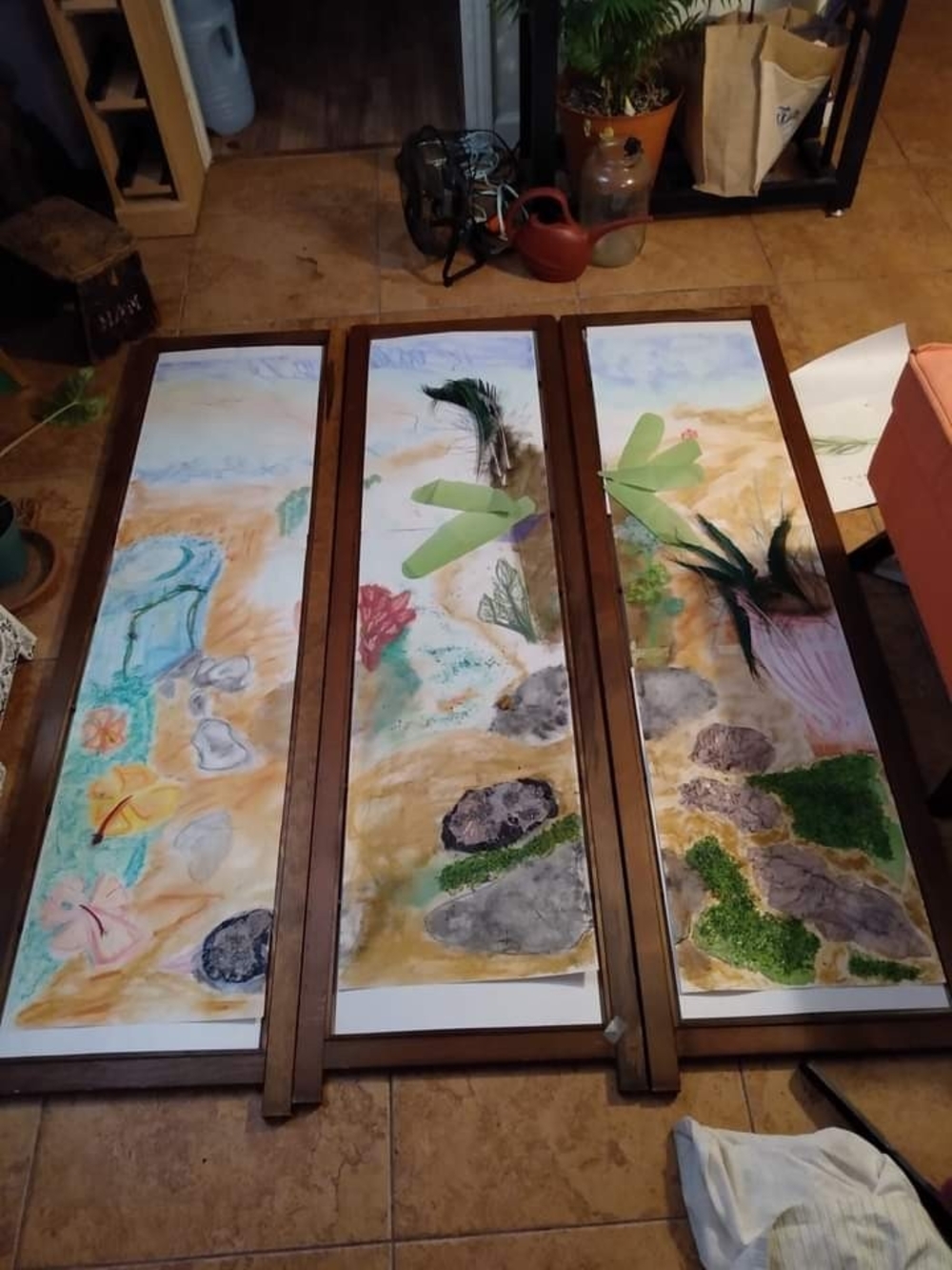 Triptych Coastal Wall Panels with Green and Blue Accents